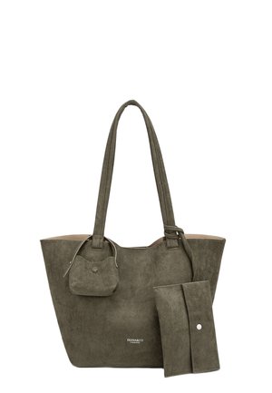 Borsa tote in pelle scamosciata verde oliva con due manici lunghi, una piccola pochette attaccata e un portafoglio rettangolare abbinato e removibile.