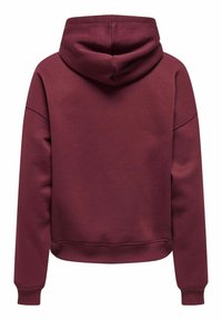 Bordeauxrode capuchontrui met een ontspannen pasvorm, geribbelde manchetten en zoom, met een gladde textuur en zonder zichtbare logo's of patronen.