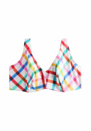 Podprsenka s farebným károvaným vzorom v červených, modrých, žltých a zelených štvorcoch na bielom pozadí; mäkká tkanina, široké popruhy.