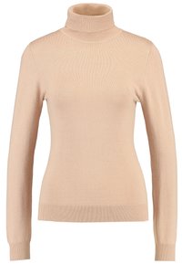Pull à col roulé beige à manches longues avec col, poignets et ourlet côtelés, présenté sur un fond blanc.