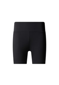 Svarta, figursydda shorts tillverkade av ett slätt och stretchigt material. Hög midja, längd till mitten av låret, inga synliga sömmar eller mönster. Enkelt design.