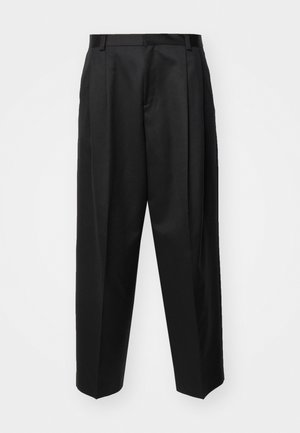 Black tailored trousers with a high waist, wide legs, and sharp creases. Made of smooth fabric with belt loops and no visible hardware.