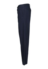 Dunkelmarineblaue, gerade geschnittene Hosen mit einem zarten Nadelstreifenmuster, ausgestattet mit vorderen Taschen und einem fertigen Saum. Hergestellt aus einem leichten Stoff.