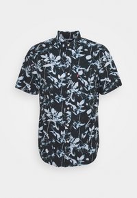 Camicetta nera a maniche corte con un motivo floreale in tonalità blu chiaro, design con bottoni e una tasca sul petto. Presenta un orlo curvo.