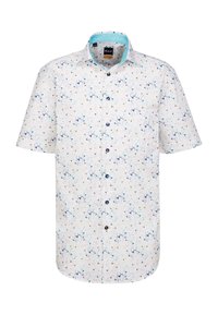 Camicia a maniche corte in tessuto bianco con un motivo astratto multicolore, colletto a contrasto blu e bottoni scuri.