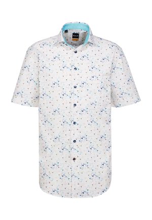 Camicia a maniche corte in tessuto bianco con un motivo astratto multicolore, colletto a contrasto blu e bottoni scuri.