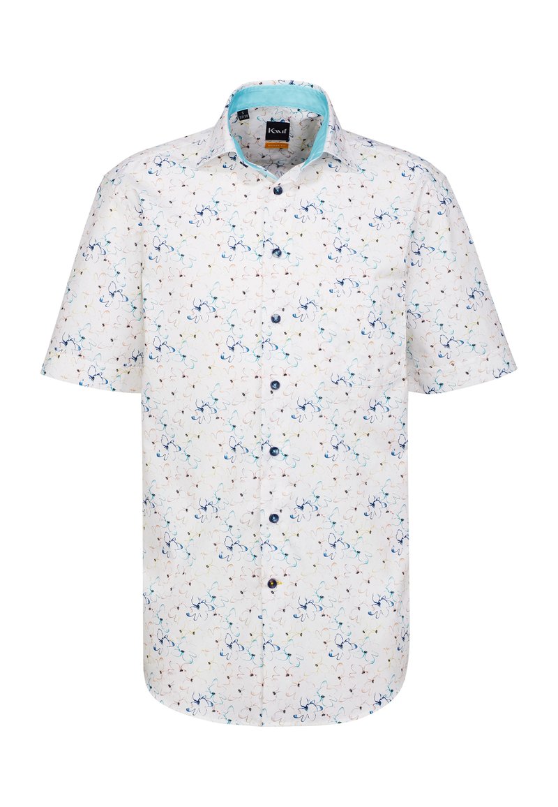 Camicia a maniche corte in tessuto bianco con un motivo astratto multicolore, colletto a contrasto blu e bottoni scuri.