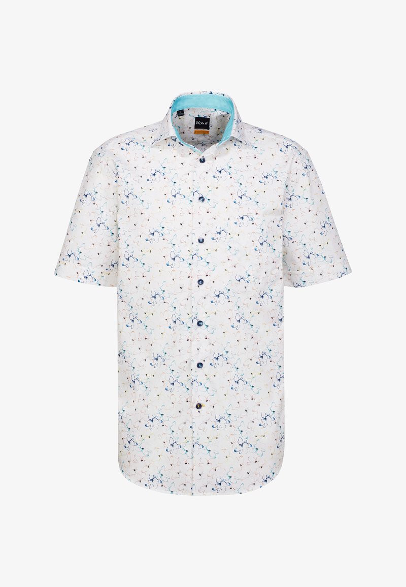 Camicia a maniche corte in tessuto bianco con un motivo astratto multicolore, colletto a contrasto blu e bottoni scuri.