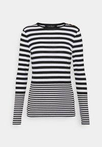 Long-sleeve striped top in black and white, featuring horizontal stripes and gold button accents on the shoulder. Soft, fitted material.