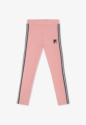 Leggings rosas con franjas laterales en blanco y negro y un pequeño logo negro en la parte superior del muslo izquierdo, extendidos sobre un fondo blanco.