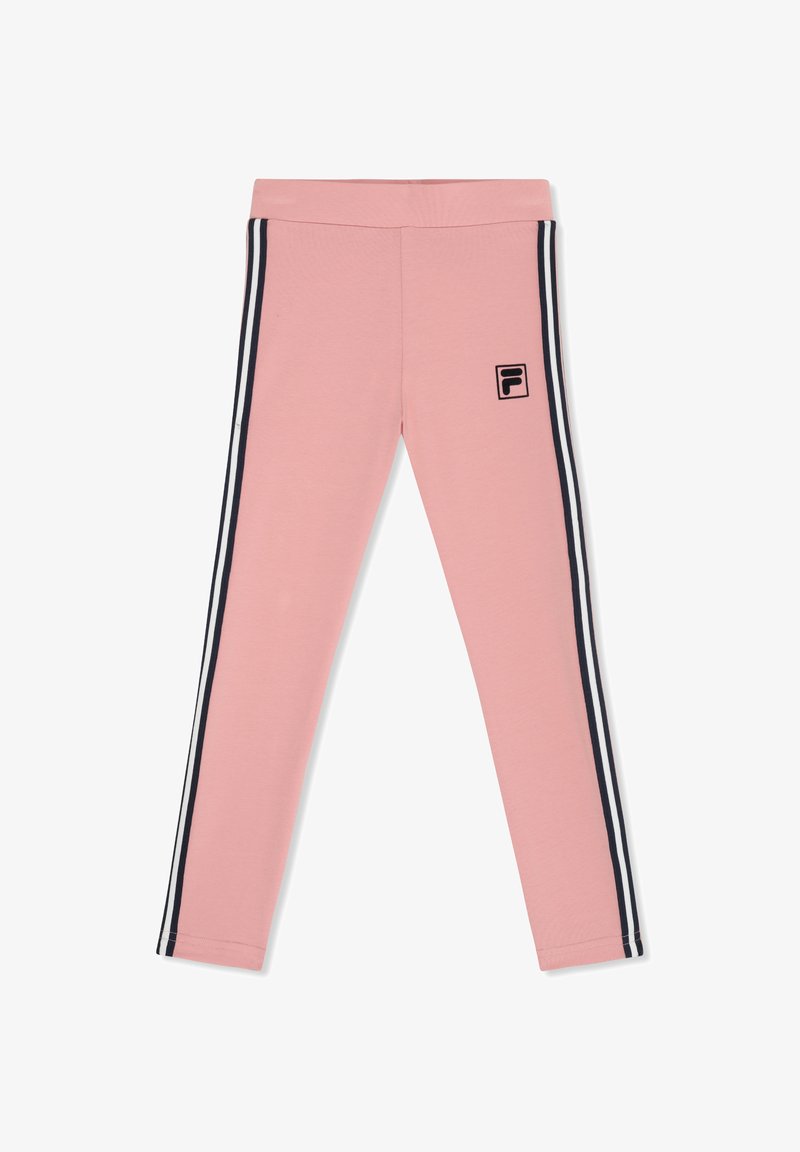 Leggings rosas con franjas laterales en blanco y negro y un pequeño logo negro en la parte superior del muslo izquierdo, extendidos sobre un fondo blanco.