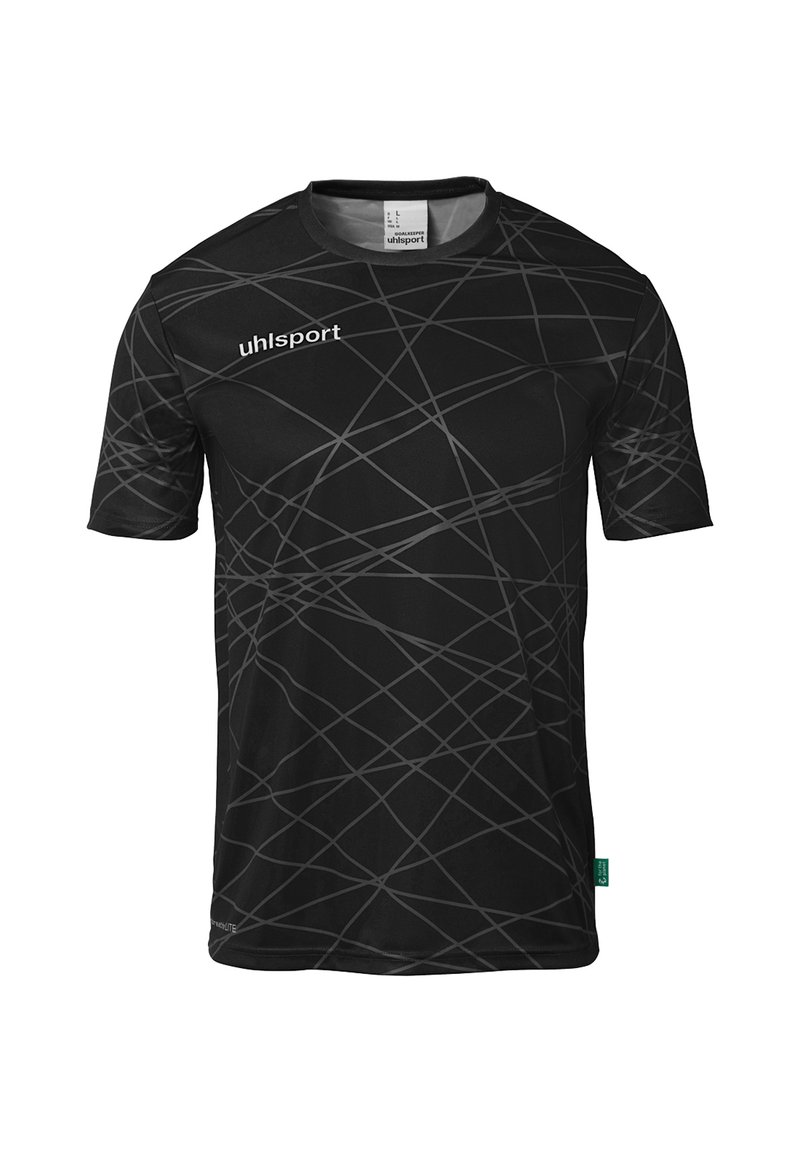 Zwart sportshirt met korte mouwen, voorzien van een textuur met diagonale lijnen in verschillende grijstinten en een logo op de voorkant.