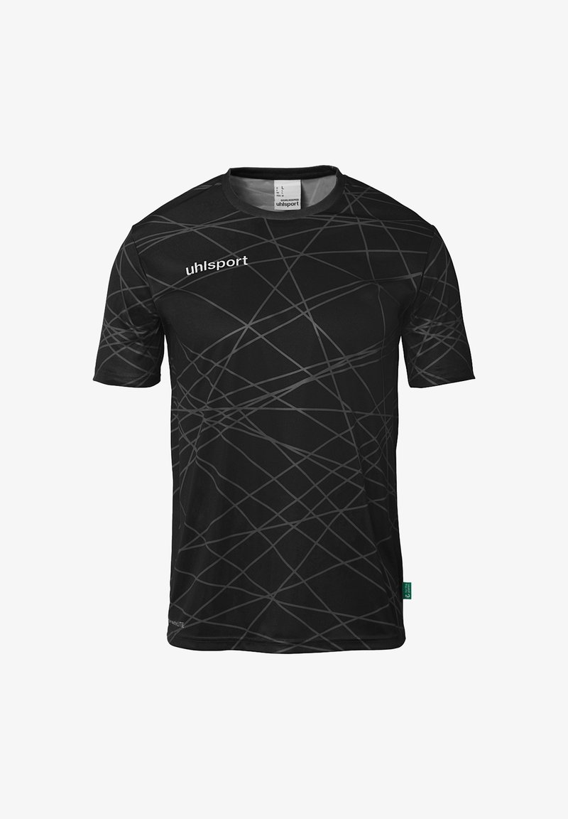 Sort atletisk skjorte med korte ærmer, udstyret med et struktureret diagonalt mønster i nuancer af grå og et logo på forsiden.