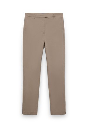 Pantaloni beige a gamba dritta realizzati in tessuto misto cotone. Presentano due tasche laterali, una cerniera e passanti per cintura. Tessuto liscio e opaco.