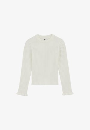 Fehér bordázott pulóver hosszú ujjal és fodros mandzsettával. Kerek nyakkivágással és testhezálló fazonnal rendelkezik. Puha textúra.