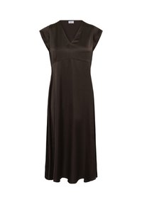 Smeđa satenska haljina s kratkim rukavima, V-izrezom i A-linijom. Mehak materijal i lepršavi dizajn dodatno poboljšavaju cjelokupni izgled.