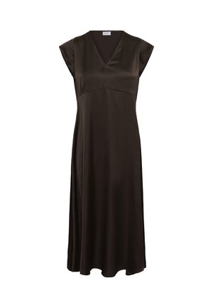 Brūna satīna kleita ar kapu piedurknēm, V-veida kakla izgriezumu un A formas siluetu. Mīkstā tekstūra un plūstošais dizains uzsver kopējo izskatu.