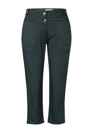 Dunkelgrüne Capri-Hosen aus leichtem Material, mit zwei vorderen Taschen, doppeltem Knopfverschluss und gesteppten Details.