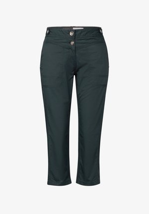 Donkergroene capri-pantalon gemaakt van lichtgewicht stof, met twee voorzakken, dubbele knoopsluiting en gestikte details.