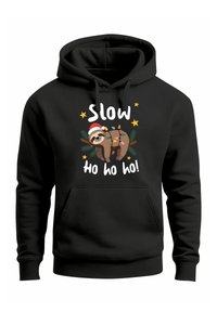 Black hoodie featuring a cartoon sloth wearing a Santa hat, surrounded by Christmas lights, with the text "Slow Ho ho ho!" in white.