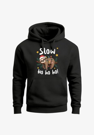 Black hoodie featuring a cartoon sloth wearing a Santa hat, surrounded by Christmas lights, with the text "Slow Ho ho ho!" in white.