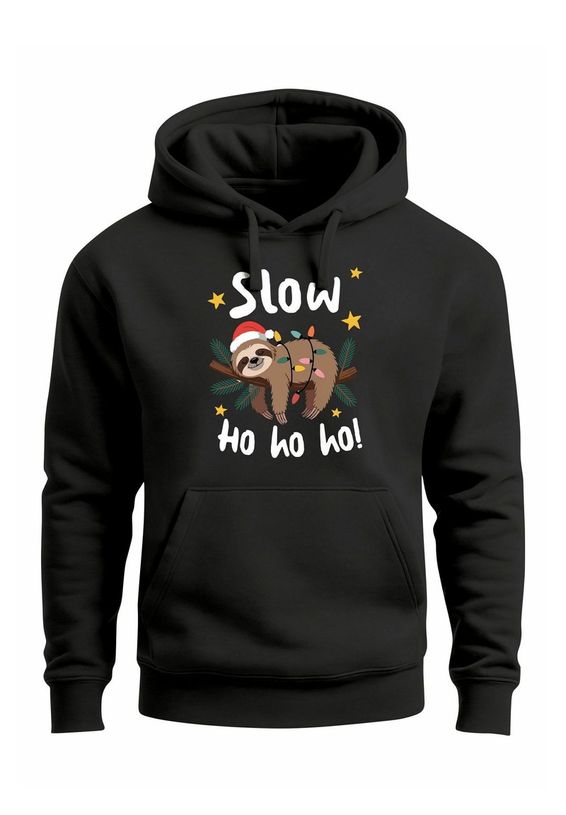 Black hoodie featuring a cartoon sloth wearing a Santa hat, surrounded by Christmas lights, with the text "Slow Ho ho ho!" in white.