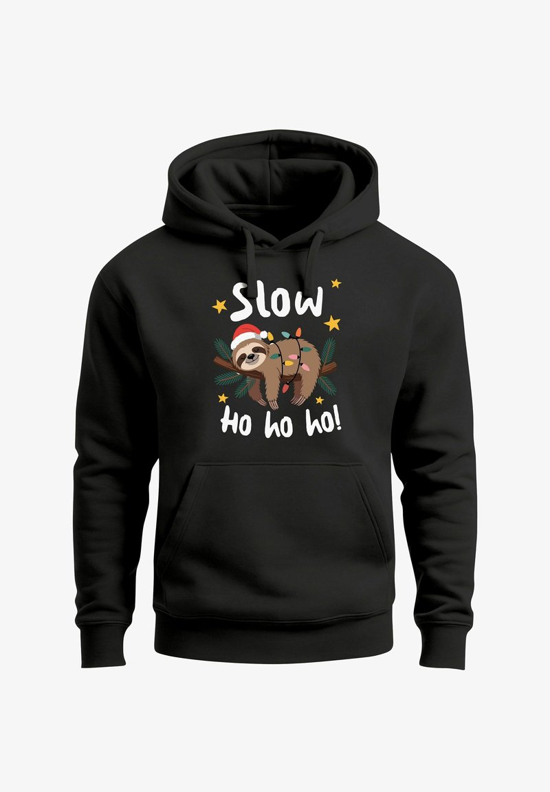 Black hoodie featuring a cartoon sloth wearing a Santa hat, surrounded by Christmas lights, with the text "Slow Ho ho ho!" in white.
