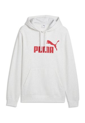 Hvid hættetrøje med rødt PUMA-logo og springende kat på brystet, forlomme, hætte med snøre, lange ærmer, vist på ensfarvet baggrund.