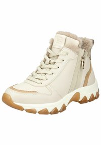 Licht beige hoge sneakers met een gladde leren afwerking, bontkraag, vetersluiting, metalen rits en rubberen zool met textuur voor grip.