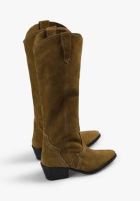 Botas de ante marrón de estilo western con puntera puntiaguda, costuras decorativas y tacones bajos en bloque. Presentan una textura robusta y acentos en contraste.