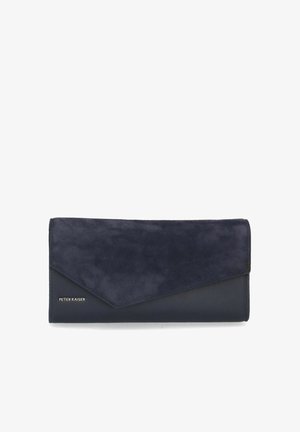 Marine leren portemonnee met een gestructureerde suède klep en een geometrisch ontwerp. Voorzien van een klein reliëflogo in de linkerbenedenhoek.