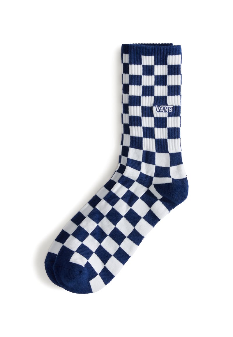 Calze da crew a scacchi blu navy e bianche con texture a coste e un piccolo logo "VANS" ricamato sul lato.
