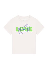 Witte katoenen t-shirt met groene "LOVE" tekst, blauwe handafbeeldingen met glimlachen en een hartdetail, ronde halslijn en korte mouwen.