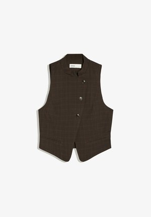 Gilet sans manches marron foncé avec col montant et trois boutons sur le devant, avec un motif à carreaux subtil et deux poches avant.