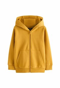Gul bomulds zip-up hættetrøje med en frontlomme, ribbede manchetter og en foret hætte. Glat tekstur med et enkelt design.