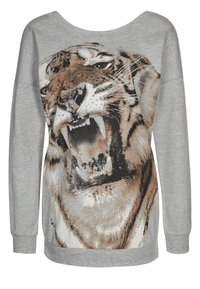 Sudadera gris con un gran gráfico de tigre detallado en tonos marrón y negro, con un corte suelto y relajado y un escote ancho.