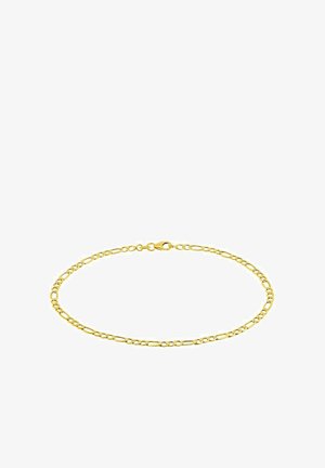 Collar de cadena figaro de oro con eslabones cortos y alargados alternos sobre fondo blanco.