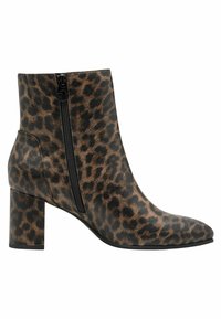 Bottine femme montant à la cheville avec imprimé léopard marron et noir, talon épais, bout pointu et fermeture éclair latérale.