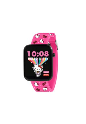 Smartwatch rosa con facce di Hello Kitty sul cinturino e display digitale che mostra ora, data, conteggio passi e grafica di Hello Kitty con raggi arcobaleno.