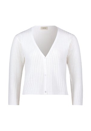 Weißer, gerippter Strickcardigan mit V-Ausschnitt, langen Ärmeln und Knopfverschluss. Besitzt einen strukturierten, leichten Stoff mit dezentem Glanz.