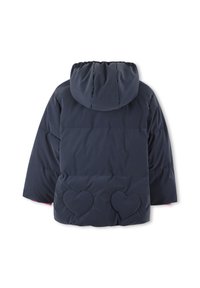 Giacca imbottita blu navy con cappuccio, caratterizzata da dettagli a forma di cuore sul retro e una finitura in tessuto testurizzato.