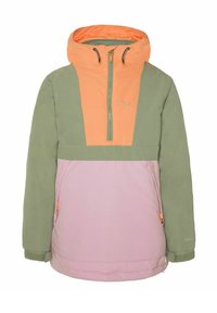 Giacca pullover color block verde e pesca con mezza zip, cappuccio regolabile e due tasche laterali con zip. Tessuto morbido con finitura liscia.