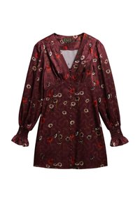 Vestido floral en color burdeos con mangas largas abullonadas, escote en forma de V, puños fruncidos y una parte delantera abotonada con patrones de flores rojas y blancas.