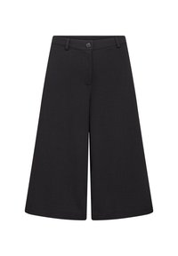 Black wide-leg trousers made of smooth fabric, featuring a front button closure, belt loops, and side pockets with a clean finish.