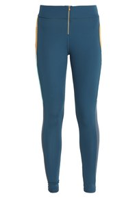 Teal träningsleggings med hög midja, med en blixtlåsficka och nätinsatser i gula och gröna detaljer. Slät textur.