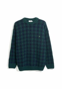 Groene en marineblauwe gebreide trui met een ronde hals, lange mouwen, geribde manchetten en een klein gouden logo op de borst.