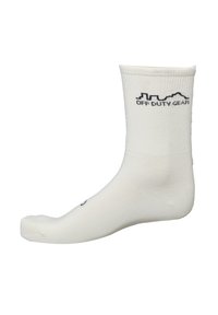 Hvid crew sok lavet af ribbet stof med et sort logo, der viser "OFF DUTY GEAR" trykt nær toppen, samt en forstærket tå og hæl.