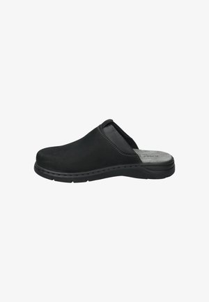 Black slip-on shoes made of soft suede with a smooth texture, featuring a cushioned insole and a sturdy rubber sole.