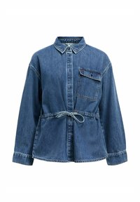 Denim jaka vidējā zilā krāsā, ar apkakli, priekšējo kabatu un regulējamu jostasvietu. Izstrādāta ar garajām piedurknēm un brīvu piegriezumu.