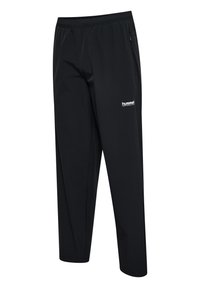 Zwarte sportbroek met een elastische tailleband, zijzakken en een klein wit logo op de linkerbovenbeen. Glad, lichtgewicht materiaal.